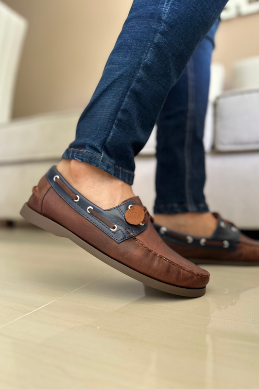 MOCASINES EN CUERO  PARA HOMBRE REF: ANDREW 731 CAFE X AZUL