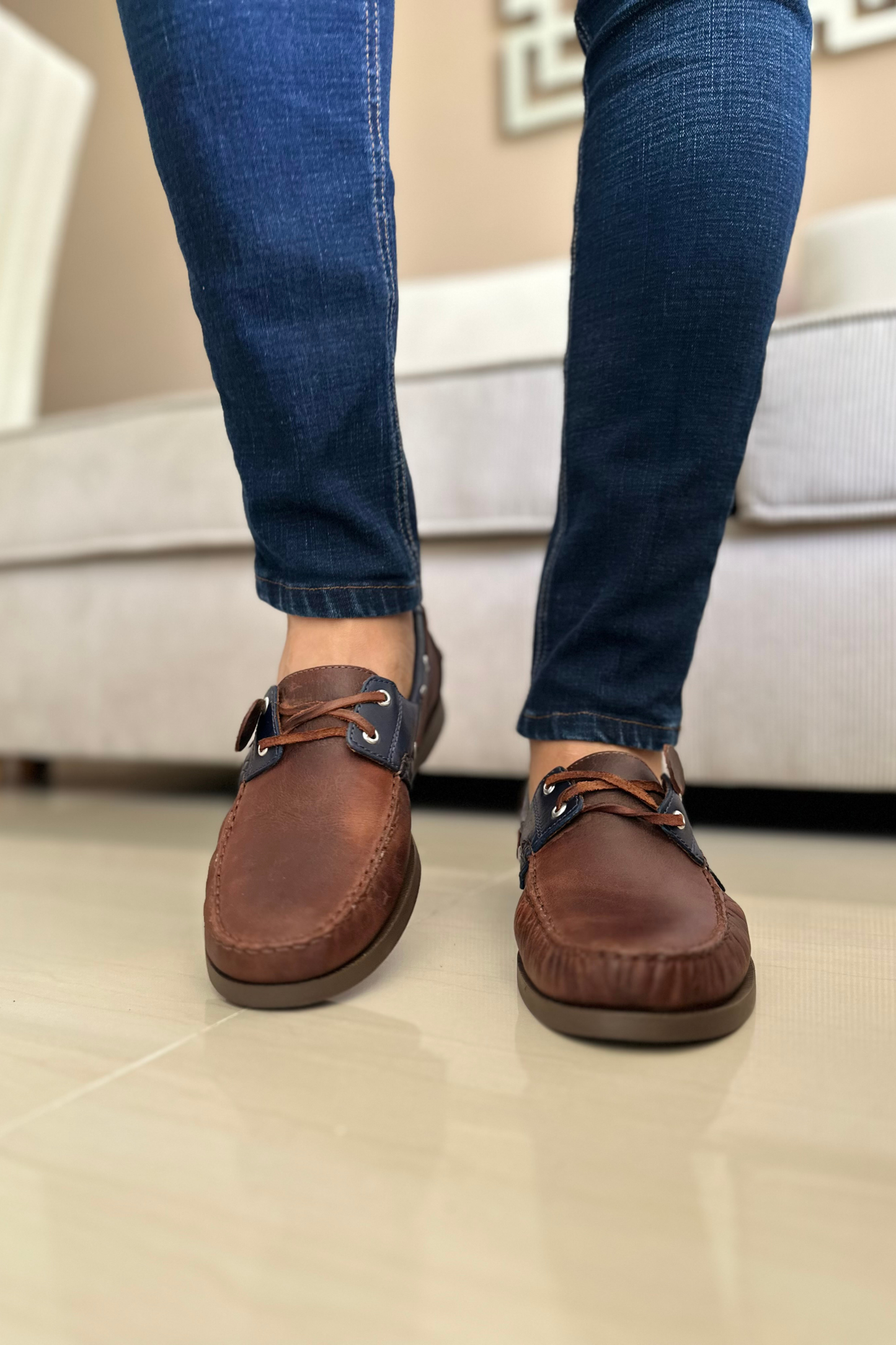 MOCASINES EN CUERO  PARA HOMBRE REF: ANDREW 731 CAFE X AZUL