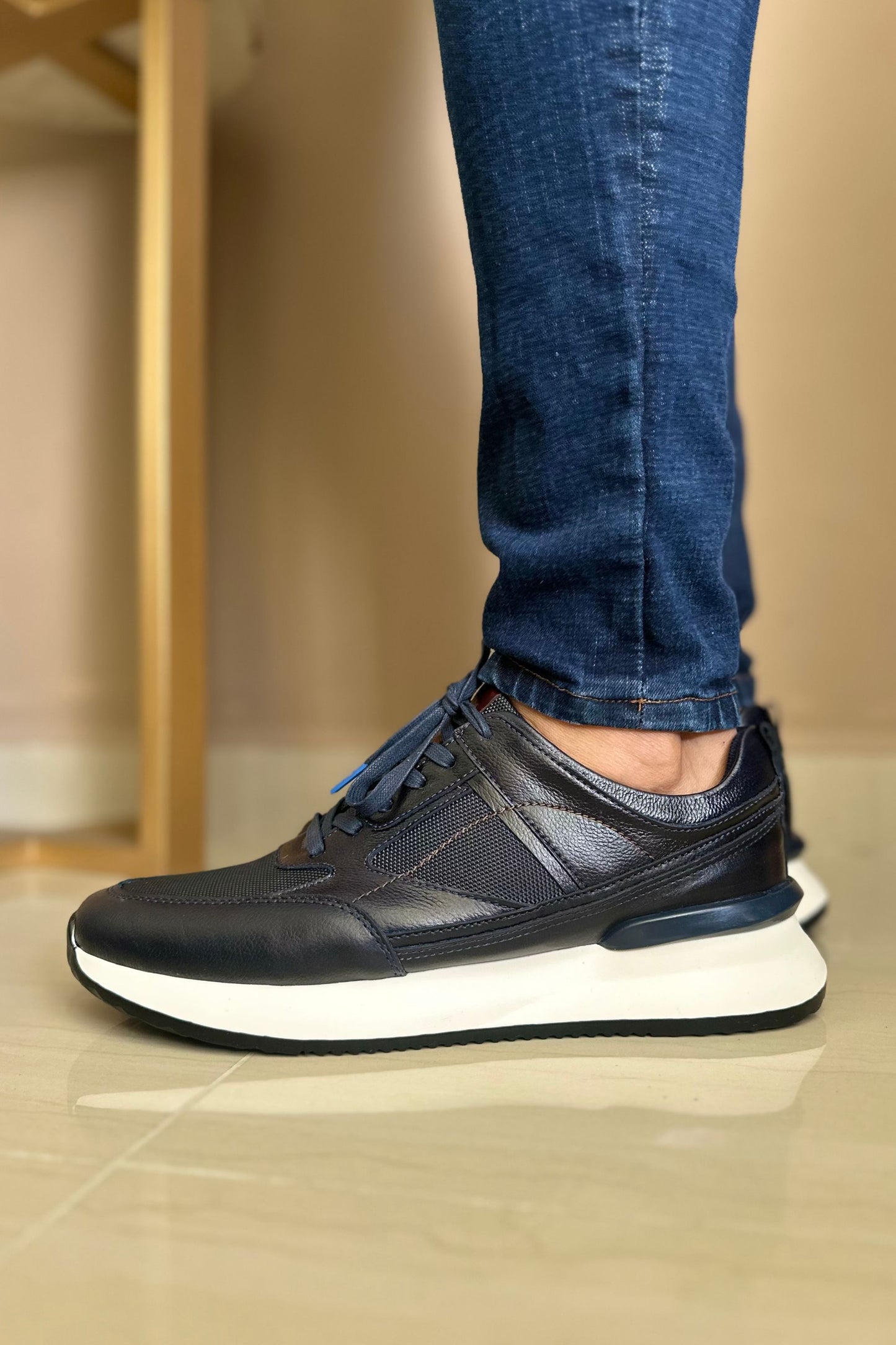 TENIS PARA HOMBRE EN CUERO COLOR AZUL X MALLA | REF: PALERMO 6414