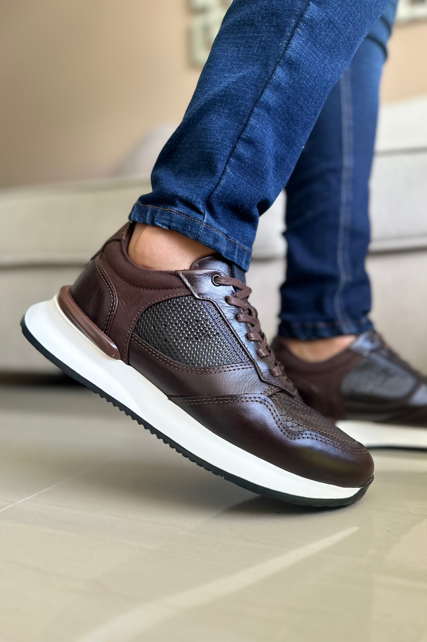 TENIS PARA HOMBRE EN CUERO CAFE X AZUL REF: D-12 IBIZA