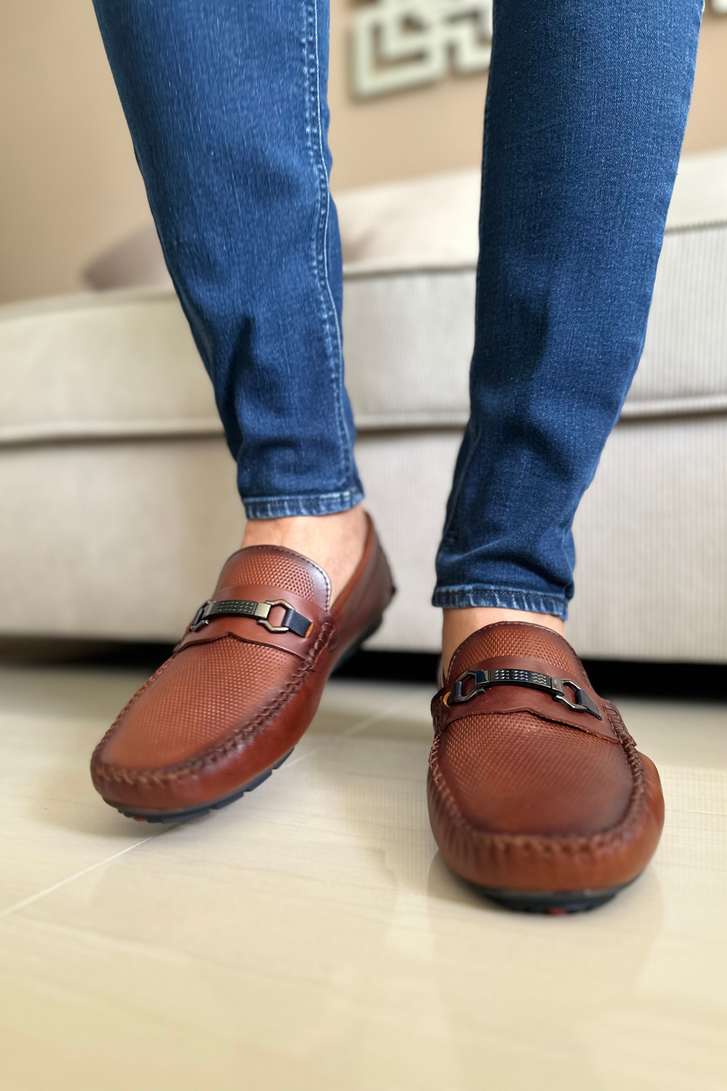MOCASIN ERLING EN CUERO COÑAG X AZUL PARA HOMBRE/ REF: TOÑ-1018
