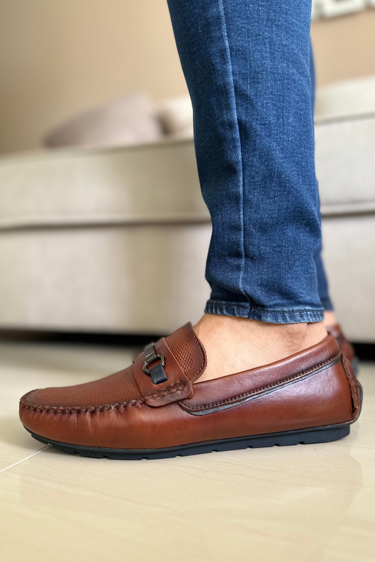 MOCASIN ERLING EN CUERO COÑAG X AZUL PARA HOMBRE/ REF: TOÑ-1018