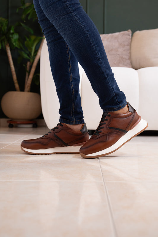 TENIS PARA HOMBRE EN CUERO MIEL AEROGRAFIADO REF: D19 VENECIA