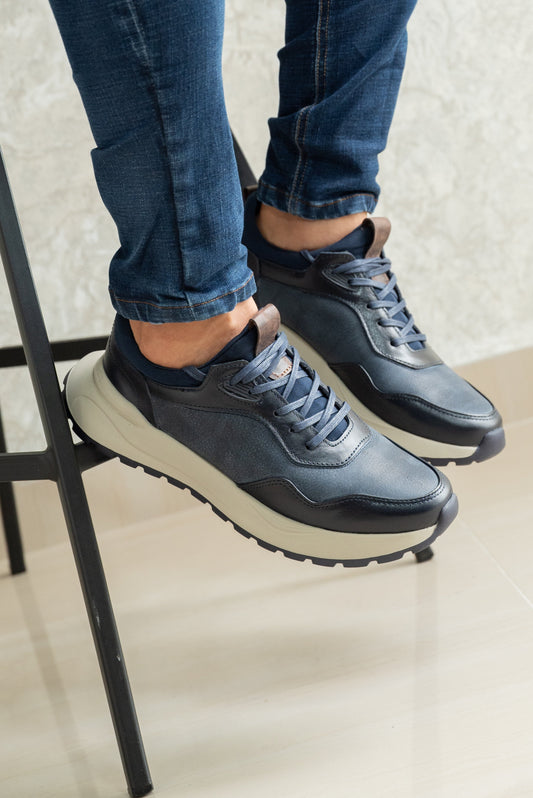 TENIS PARA HOMBRE EN CUERO AZUL | REF VALMONTI