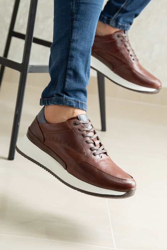 TENIS PARA HOMBRE EN CUERO CUERO COÑAC X AZUL | REF: BRISTOL T-15