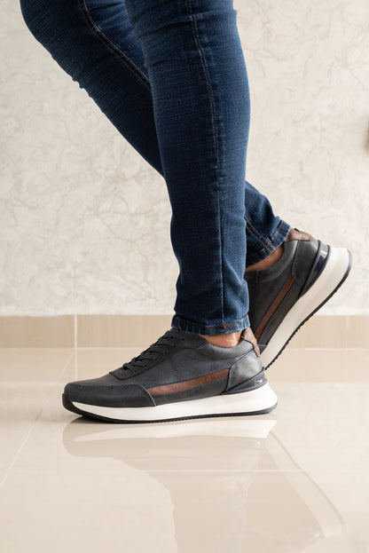TENIS PARA HOMBRE EN CUERO AZUL X COÑAC | REF BELMORE
