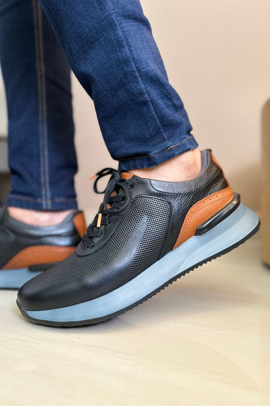 TENIS EN CUERO PARA HOMBRE COLOR NEGRO X MIEL - SUELA GRIS | REF: BRESCIA