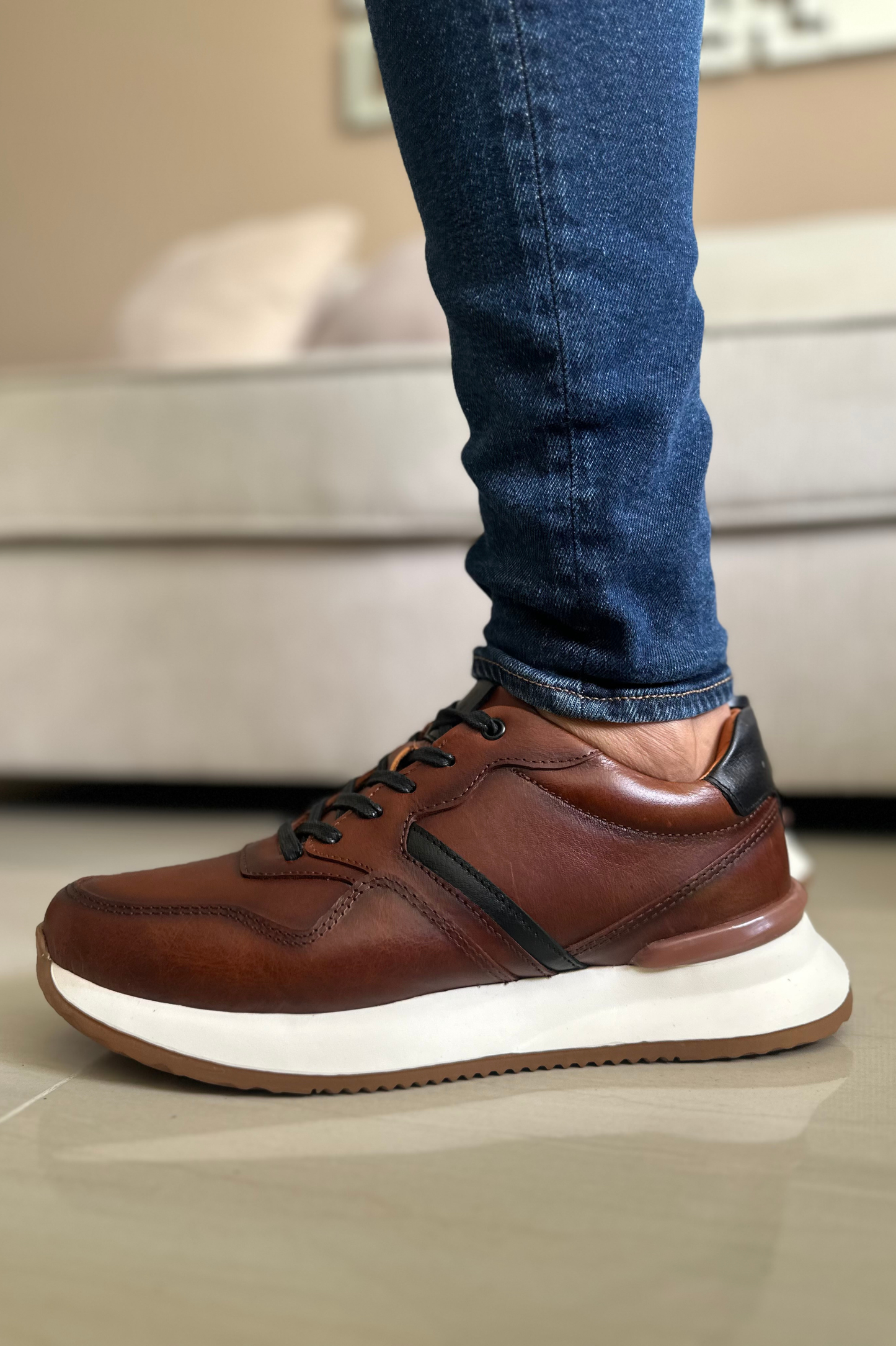 TENIS CUERO MIEL AEROGRAFO PARA HOMBRE REF: D19 VENECIA