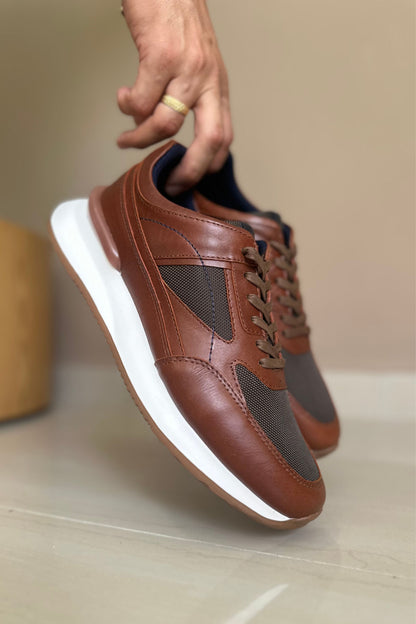 TENIS PARA HOMBRE EN CUERO COLOR MIEL X MALLA | REF: PALERMO 6414