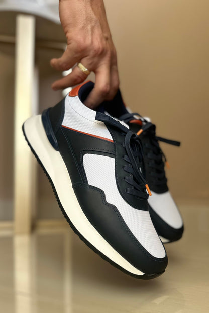 TENIS PARA HOMBRE EN CUERO BLANCO X AZUL X NARANJA / REF: REUS 6488