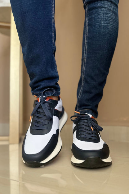 TENIS PARA HOMBRE EN CUERO BLANCO X AZUL X NARANJA / REF: REUS 6488