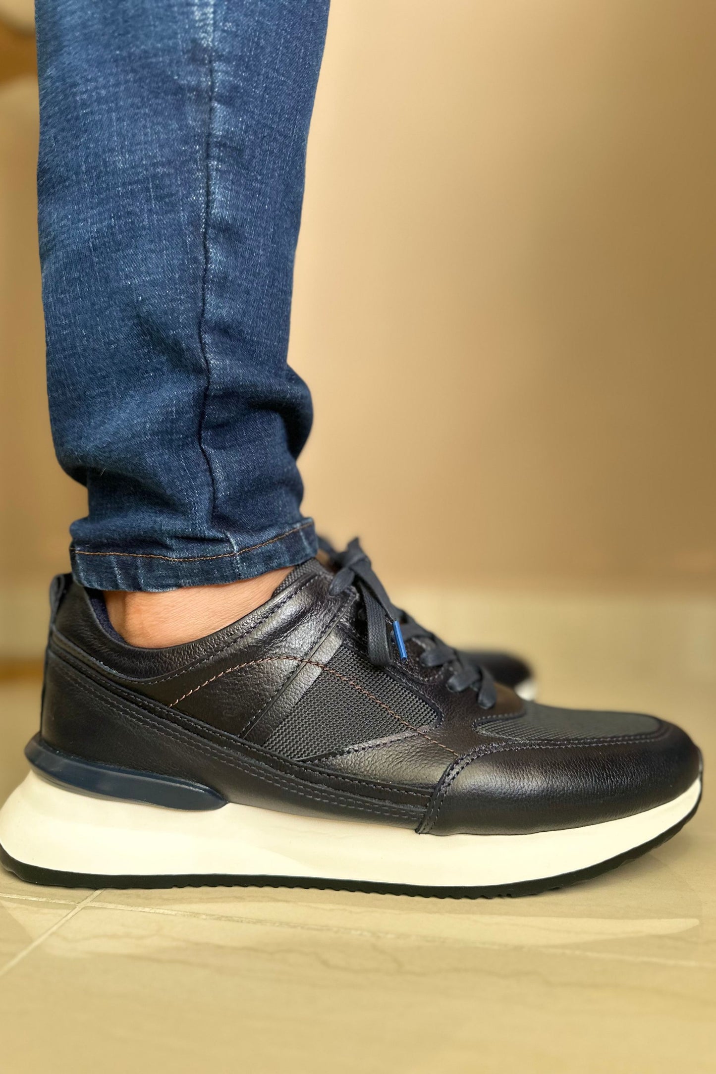 TENIS PARA HOMBRE EN CUERO COLOR AZUL X MALLA | REF: PALERMO 6414