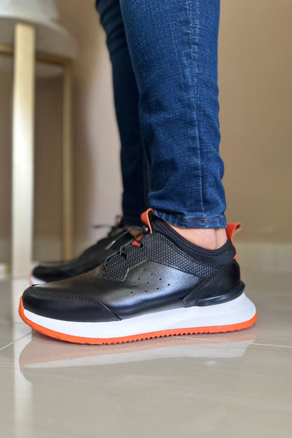 TENIS PARA HOMBRE EN CUERO NEGRO X SUELA BLANCA NARANJA / REF: VIGO D 19