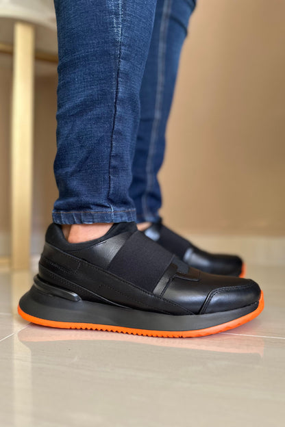 TENIS EN CUERO PARA HOMBRE EN CUERO NEGRO X NARANJA REF: D-17 BILBAO