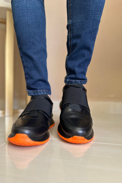 TENIS EN CUERO PARA HOMBRE EN CUERO NEGRO X NARANJA REF: D-17 BILBAO
