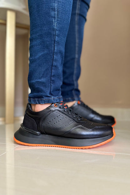 TENIS PARA HOMBRE EN CUERO NEGRO X NARANJA REF: D 12 IBIZA