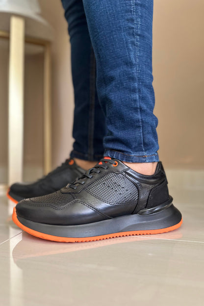 TENIS PARA HOMBRE EN CUERO NEGRO X NARANJA REF: D 12 IBIZA