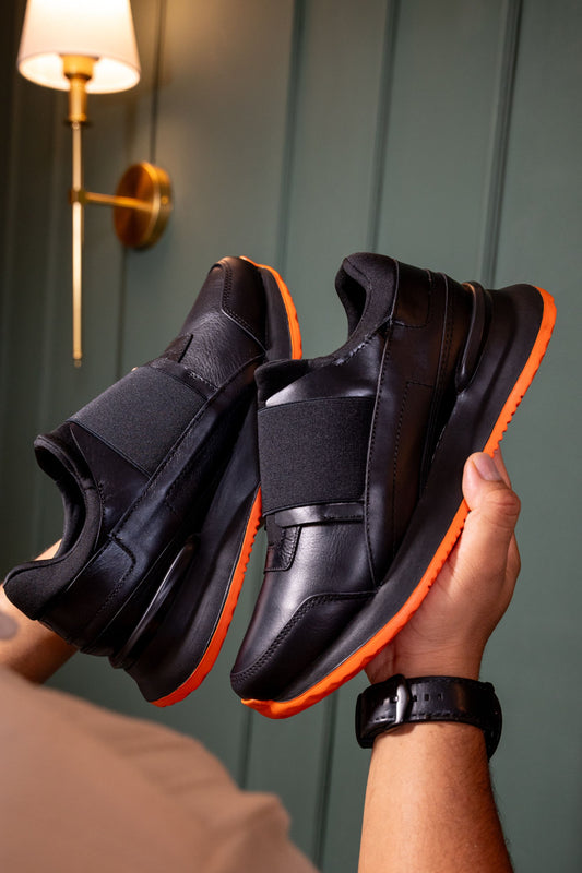 TENIS EN CUERO PARA HOMBRE EN CUERO NEGRO X NARANJA REF: D-17 BILBAO