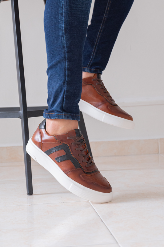 TENIS EN CUERO PARA HOMBRE COLOR COÑAC X AZUL REF: 616 PARMA