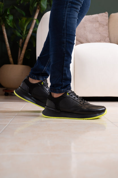 TENIS PARA HOMBRE EN CUERO NEGRO X VERDE NEON REF: D 12 IBIZA