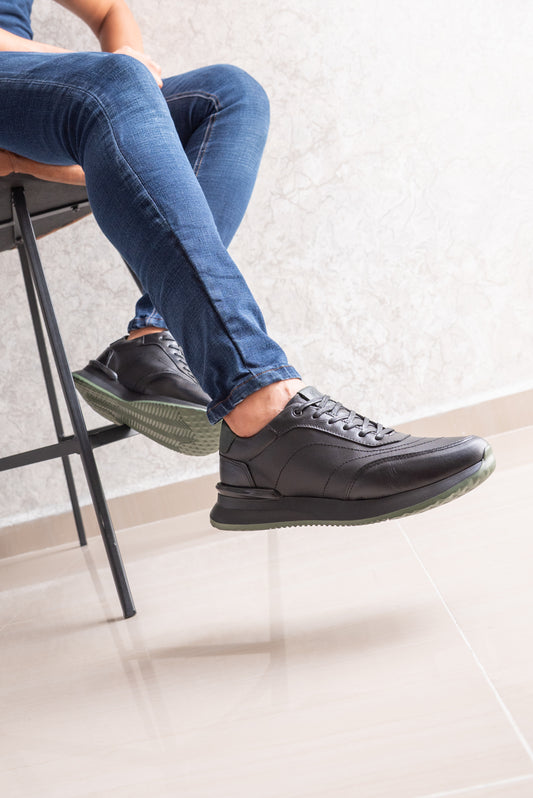 TENIS PARA HOMBRE EN CUERO NEGRO X VERDE | REF PARIS
