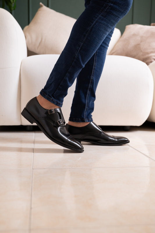 ZAPATO ELEGANTE ALEJANDRO DOUBLE MONK STRAP EN CUERO NEGRO PARA HOMBRE | LUZ 1709