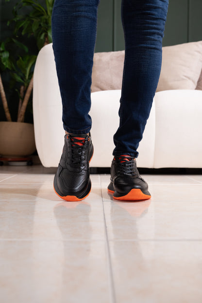 TENIS PARA HOMBRE EN CUERO NEGRO X NARANJA REF: D 12 IBIZA