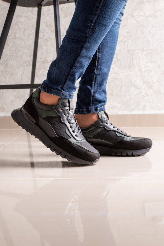 TENIS PARA HOMBRE EN CUERO NEGRO X VERDE | REF: ROMA 2123