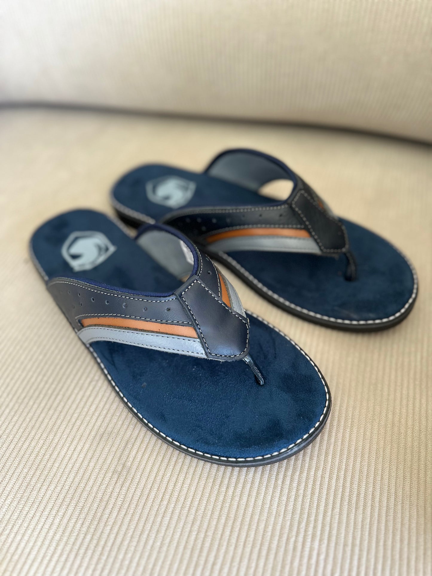 SANDALIA 3 PUNTADAS PARA HOMBRE EN CUERO AZUL X MIELX GRIS  | REF:  MILAN 4080