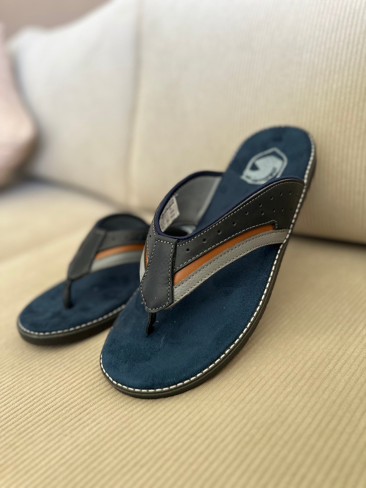 SANDALIA 3 PUNTADAS PARA HOMBRE EN CUERO AZUL X MIELX GRIS  | REF:  MILAN 4080