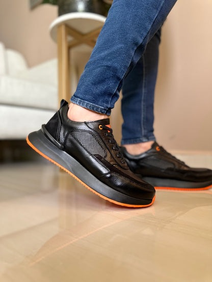 TENIS PARA HOMBRE EN CUERO NEGRO X NARANJA  REF: VERONA 3205