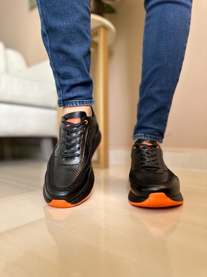 TENIS PARA HOMBRE EN CUERO NEGRO X NARANJA  REF: VERONA 3205