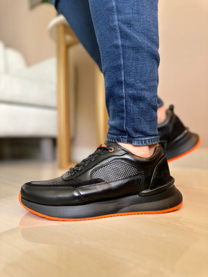TENIS PARA HOMBRE EN CUERO NEGRO X NARANJA  REF: VERONA 3205