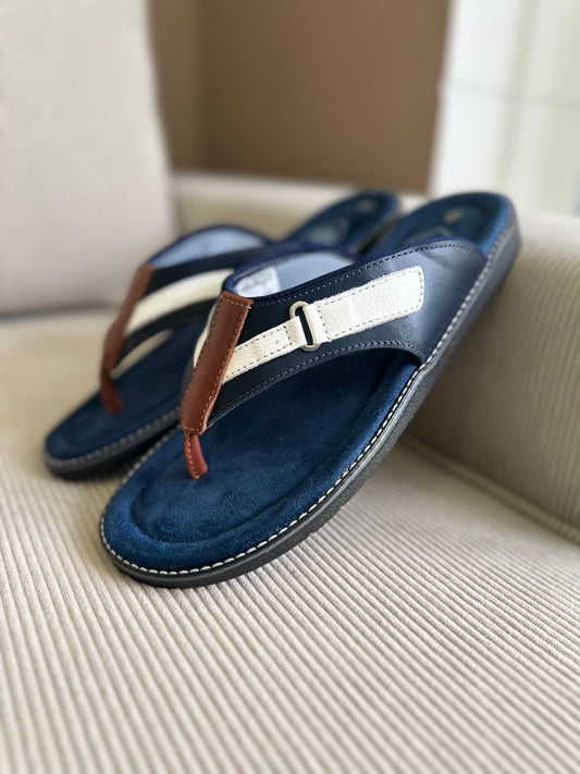 SANDALIA 3 PUNTADAS PARA HOMBRE EN CUERO AZUL X BLANCO X MIEL | REF:  MILAN