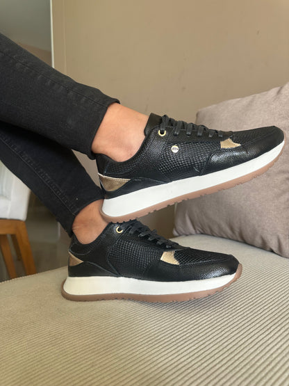 TENIS PARA DAMA EN CUERO NEGRO X BEIGE | REF ROSE