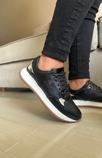 TENIS PARA DAMA EN CUERO NEGRO X BEIGE | REF ROSE