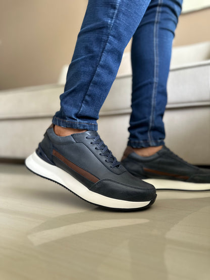 TENIS PARA HOMBRE EN CUERO AZUL X COÑAC | REF BELMORE