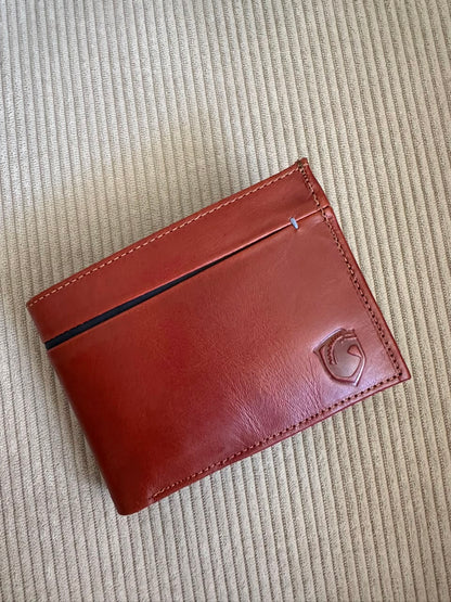 BILLETERA EN CUERO MIEL X AZUL X LOGO PARA HOMBRE
