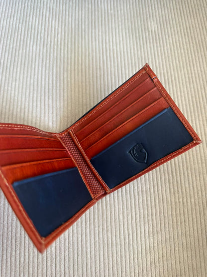 BILLETERA EN CUERO MIEL X AZUL X LOGO PARA HOMBRE