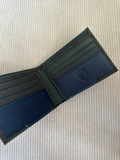 BILLETERA EN CUERO VERDE OLIVA X AZUL PARA HOMBRE
