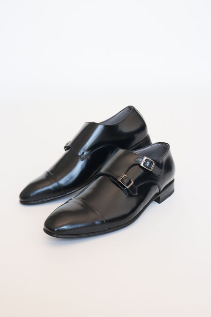 ZAPATO ELEGANTE ALEJANDRO DOUBLE MONK STRAP EN CUERO NEGRO PARA HOMBRE | LUZ 1709